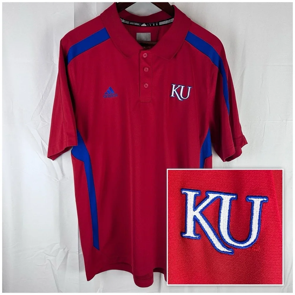 Kansas Jayhawks KU Adidas Climalite Short Sleeve Polo Shirt Men's Size Large Red